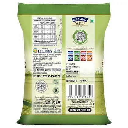 Daawat Rozana Gold Basmati Rice Tibar ( Extra Long Grain ) 5 kg